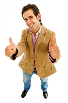 young casual man going thumbs up in a white background