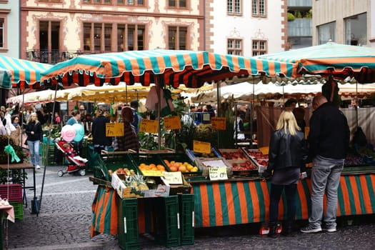 Mainz,Germany – September 04,2015: The stalls of the weekly market on the market square in Mainz with various fruits and vegetables on September 4,2015 in Mainz.