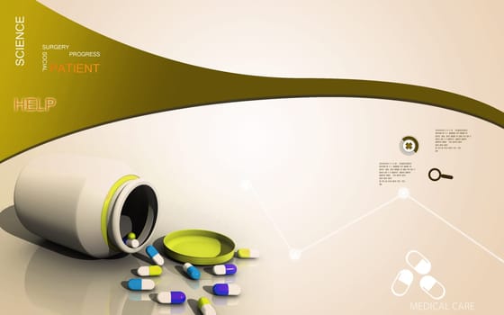 Digital illustration of capsule bottle in colour background