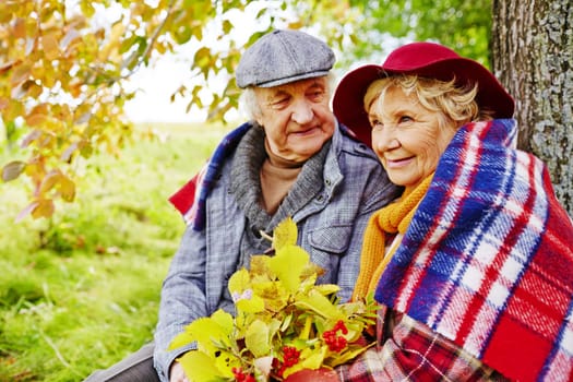 Affectionate senior couple having rest under tree on autumn day