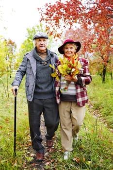 Retired couple warm casualwear walking in park at leisure