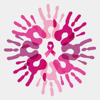 Team work pink handprint circle with ribbon in minimal style for breast cancer cause. EPS10 vector file.
