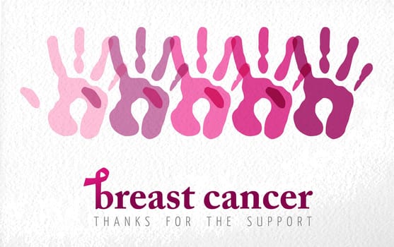 Breast cancer awareness design crowfunding support concept pink handprint hands illustration. EPS10 vector file.
