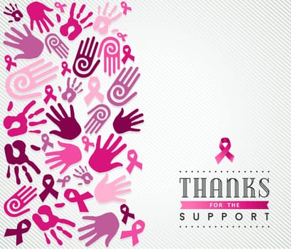 Global collaboration support concept illustration for breast cancer care. Hand and ribbon sign in pink colors. EPS10 vector file.