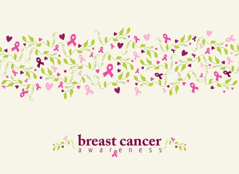 Breast cancer awareness seamless pattern with pink ribbon, heart shape and spring nature elements. EPS10 vector file.
