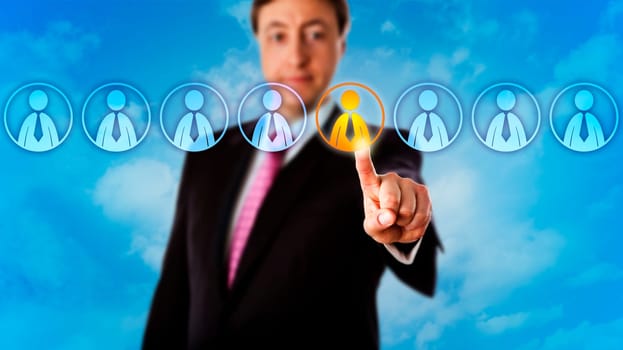 Recruitment consultant choosing one virtual white collar worker in a lineup of eight male candidates. Business concept for digital workforce management solution and talent recruitment in cyberspace.