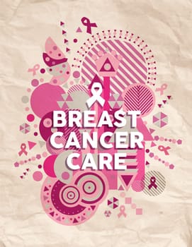 Breast cancer care typography poster with pink geometry shapes and ribbon elements concept illustration over old paper background. EPS10 vector file.
