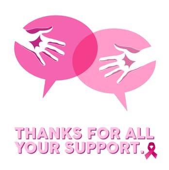 Breast cancer awareness media campaign concept illustration. Help hands in social bubbles, thanks for your support text and pink ribbon sign of cause. EPS10 vector file.