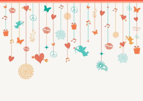 Happy Valentine holidays colorful hanging decoration elements angels, hearts and baubles greeting card background. EPS10 vector file.