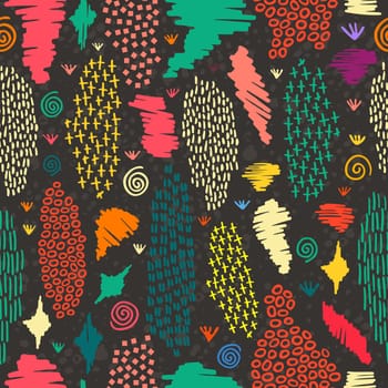 Vintage boho fashion style seamless pattern blackboard background with colorful tribal shapes. Ideal for fabric design, paper print and web backdrop. EPS10 vector file.