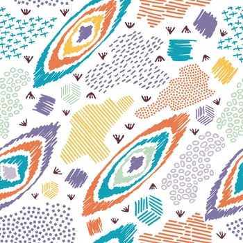 Vintage boho fashion style seamless pattern background with colorful elements. Ideal for fabric design, paper print and web backdrop. EPS10 vector file.