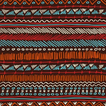 Striped vintage boho fashion style seamless pattern background with tribal shape elements. Ideal for fabric design, paper print and web backdrop. EPS10 vector file.