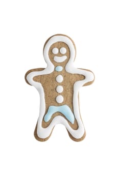 Gingerbread cookie man isolated on white background - shot in studio.