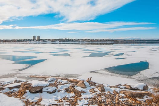 Landscape of icy patterns made by snow, Calgary, Canada.