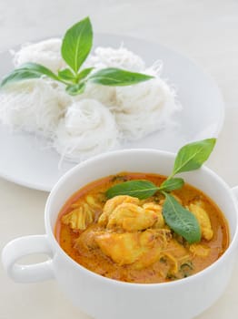 Crab meat coconut milk curry with rice noodle, Thai spicy soup cuisine