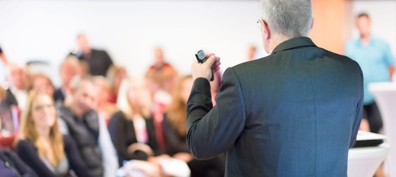 Speaker at Business Conference with Public Presentations. Audience at the conference hall. Entrepreneurship club. Rear view. Horisontal composition. Background blur.