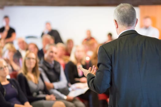 Speaker at Business Conference with Public Presentations. Audience at the conference hall. Entrepreneurship club. Rear view. Horisontal composition. Background blur.