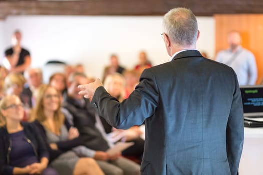 Speaker at Business Conference with Public Presentations. Audience at the conference hall. Entrepreneurship club. Rear view. Horisontal composition. Background blur.
