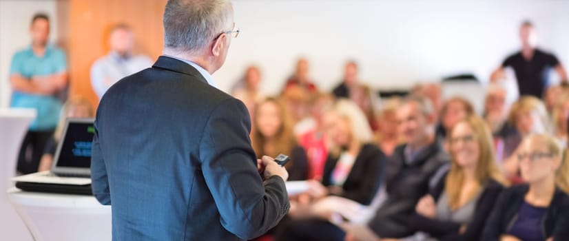 Speaker at Business Conference with Public Presentations. Audience at the conference hall. Entrepreneurship club. Rear view. Horisontal composition. Background blur.