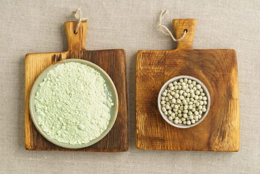 Green peas and pea flour in small potted bowls