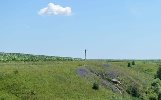 A large wooden Orthodox cross stands in an open field under a blue sky with one cloud.
