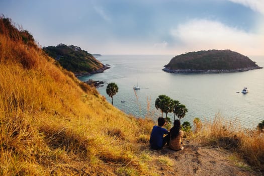 Emotion in love of young with beautiful of seascape, Phuket view point thailand