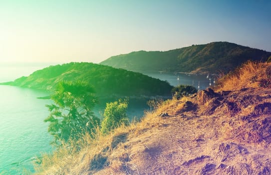 Vintage seascape colorful with color of sunset in twilight, Filter color