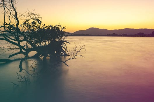 Vintage seascape colorful with color of sunset in twilight, Long speed shutter technique