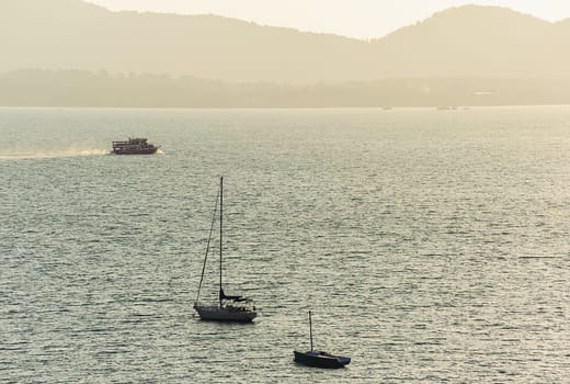 Seascape with boat and color of morning light, Sea in thailand