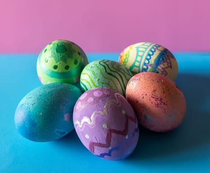 Homemade painted eggs.Pastel coloured eggs .Horizontal real picture . Easter egg hunt on Easter Sunday for children.