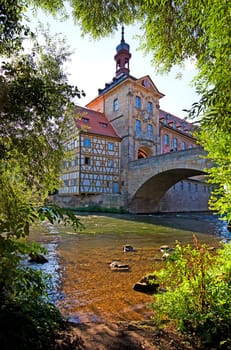 The old historic town hall in Bamberg - with the Rottmeisterhaus - built on an island in the Regnitz