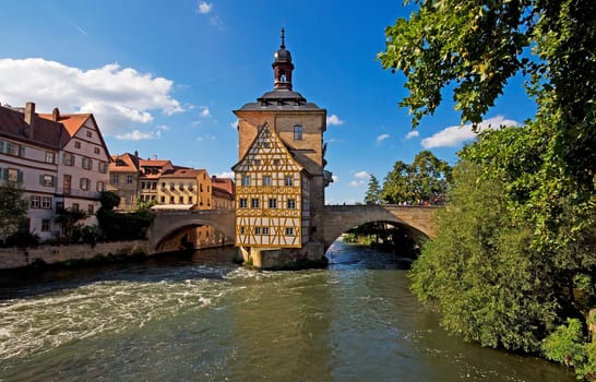 The old historic town hall in Bamberg - with the Rottmeisterhaus - built on an island in the Regnitz