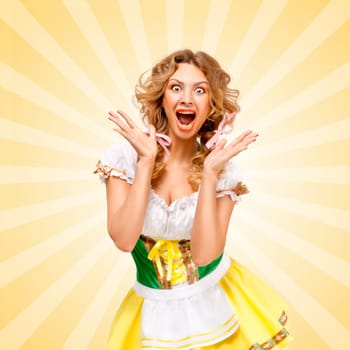 Beautiful sexy astonished Oktoberfest woman wearing a traditional Bavarian dress dirndl, showing happy facial emotions on colorful abstract cartoon style background.