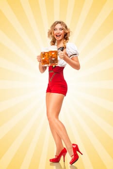Beautiful excited sexy woman wearing red jumper shorts with suspenders as traditional dirndl, serving two beer mugs with smile on colorful abstract cartoon style background.