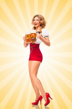 Beautiful excited sexy woman wearing red jumper shorts with suspenders as traditional dirndl, serving two beer mugs with smile on colorful abstract cartoon style background.