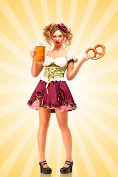 Beautiful sexy Oktoberfest waitress wearing a traditional Bavarian dress dirndl holding a pretzel and beer mug, and making grimaces of contempt on colorful abstract cartoon style background.