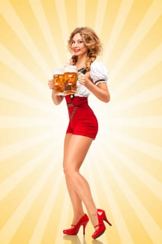 Beautiful tempting sexy woman wearing red jumper shorts with suspenders as traditional dirndl, serving two beer mugs with smile on colorful abstract cartoon style background.