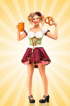 Beautiful sexy Oktoberfest waitress wearing a traditional Bavarian dress dirndl holding a pretzel and beer mug, and smiling happily on colorful abstract cartoon style background.
