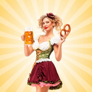 Beautiful sexy Oktoberfest waitress wearing a traditional Bavarian dress dirndl holding a pretzel and beer mug, and smiling happily on colorful abstract cartoon style background.