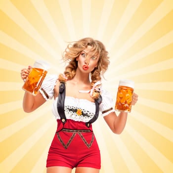 Beautiful surprised sexy woman wearing red jumper shorts with suspenders as traditional dirndl, holding two beer mugs on colorful abstract cartoon style background.