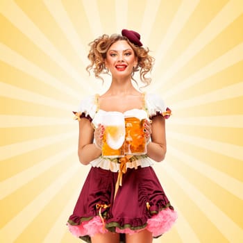 Beautiful sexy Oktoberfest waitress, wearing a traditional Bavarian dress dirndl, serving two big beer mugs in a tavern and smiling on colorful abstract cartoon style background.