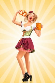 Beautiful excited Oktoberfest waitress wearing a traditional Bavarian dress dirndl holding a pretzel and beer mug, and making grimaces on colorful abstract cartoon style background.