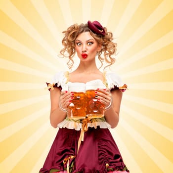 Beautiful surprised sexy Oktoberfest waitress wearing a traditional Bavarian dress dirndl holding two beer mugs on colorful abstract cartoon style background.