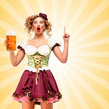 Beautiful smiling sexy Oktoberfest waitress wearing a traditional Bavarian dress dirndl holding a beer mug, and coming up with plan on colorful abstract cartoon style background.