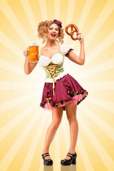 Beautiful sexy Oktoberfest waitress wearing a traditional Bavarian dress dirndl holding a pretzel and beer mug, and smiling happily on colorful abstract cartoon style background.