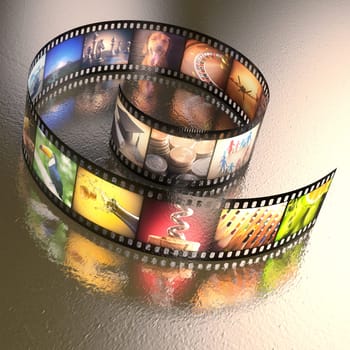 Photographic film with several photos on an uneven table metal. Clipping path included.