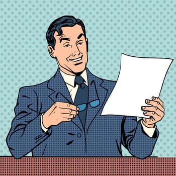A man reads the document, the report of a businessman or scientist. Conference lecture presentation. Retro style pop art