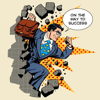 Business breakthrough success businessman hero breaks through the wall retro style pop art