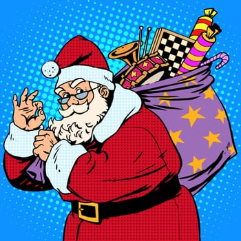 Santa Claus with gift bag okay gesture retro style pop art