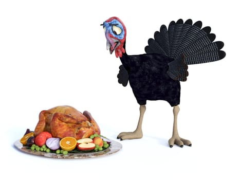 A silly cartoon turkey looking chocked when he sees a roasted turkey on a thanksgiving platter. White background.